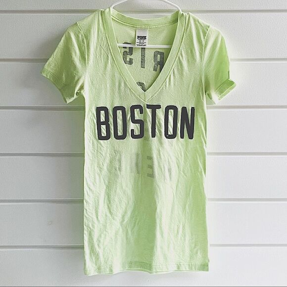 Victoria’s Secret PINK Yellow V-Neck Short Sleeve Boston Irish Sequins Bling Tee - Picture 1 of 5